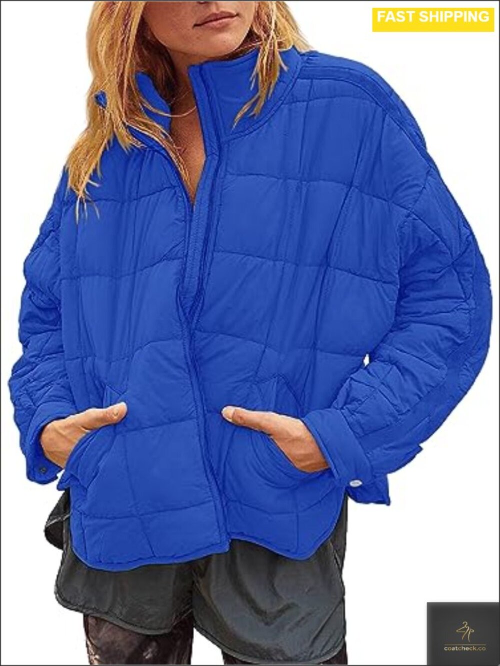 Oversized Quilted Puffer Jacket Lightweight Down Coat Button Cuffs Stand Collar